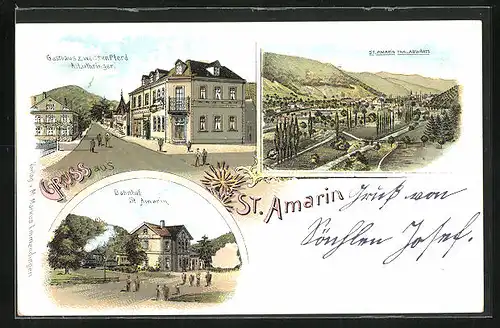 Lithographie St. Amarin, Gasthaus zum weissen Pferd von A. Luthringer, Bahnhof, Ortsansicht