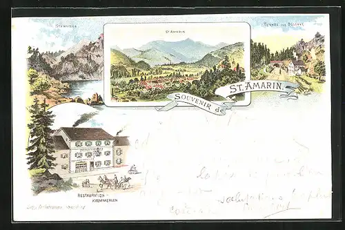 Lithographie St. Amarin, Restauration-Kaemmerlen, Ortsansicht, Tunnel von Bussang