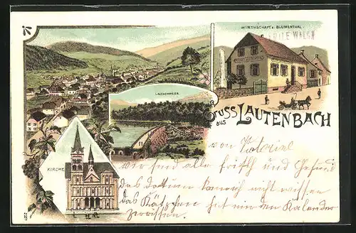 Lithographie Lautenbach, Gasthaus zum Blumenthal, Kirche, Ortsansicht