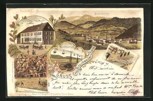 Lithographie Bitschweiler-Thann, Hotel zum grünen Baum, Steinbruch, Drahtseilbahn, Ortsansicht