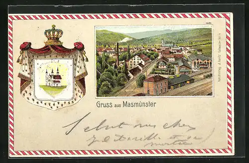 Lithographie Masmünster, Ortspartie mit Gleisen, Wappen