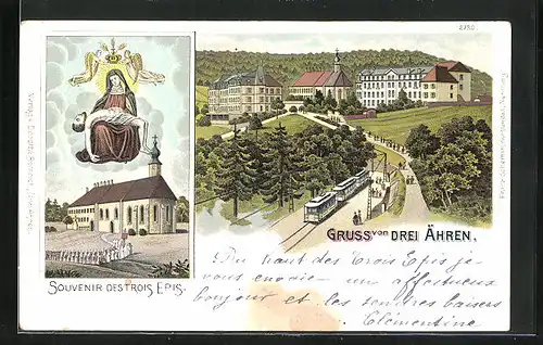 Lithographie Drei Ähren, Ortspartie mit Strassenbahn, Kirche