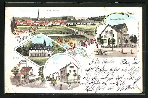 Lithographie Sentheim, Restaurant Wirth, Schloss, Post, Bahnhof, Ortsansicht