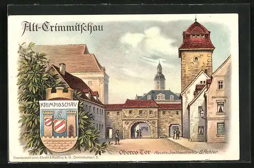 Künstler-AK Alt-Crimmitschau, Oberes Tor, Wappen Krimpigschau