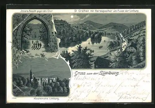 Mondschein-Lithographie Sasbach, Klosterruine Limburg, St. Grethen m. Herzogweiher, Innerenansicht gegen d. Chor
