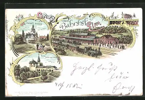 Lithographie Elm, Bahnhof, Schloss Ramholz, Burg Brandenstein