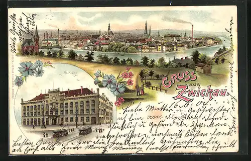Lithographie Zwickau, Bahnhof, Strassenbahn, Totalansicht