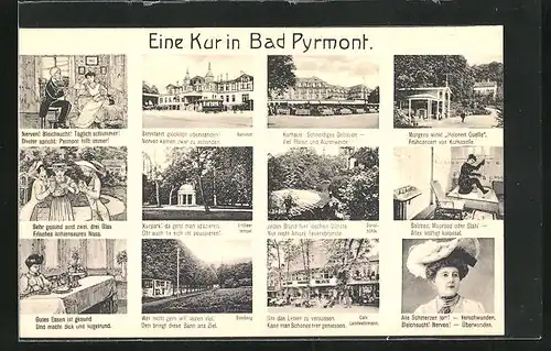 AK Bad Pyrmont, Bahnhof, Kurhaus, Helenen Quelle