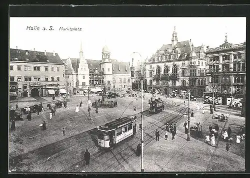 AK Halle a. S., Belebter Marktplatz mit Strassenbahnen