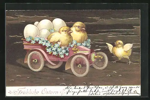 Lithographie Osterküken im Auto mit Ostereiern