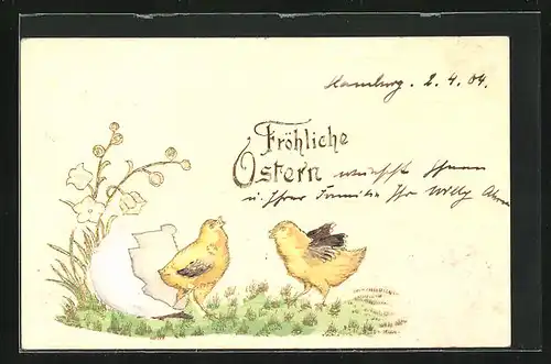 Präge-AK Fröhliche Ostern, Osterküken aus dem Ei geschlüpft