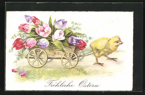 Lithographie Osterküken zieht einen Wagen mit Tulpen
