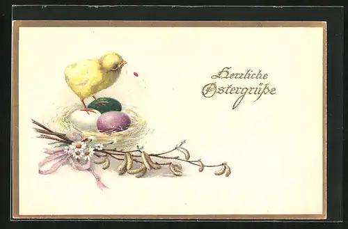 Lithographie Osterküken im Eiernest mit Brief im Schnabel
