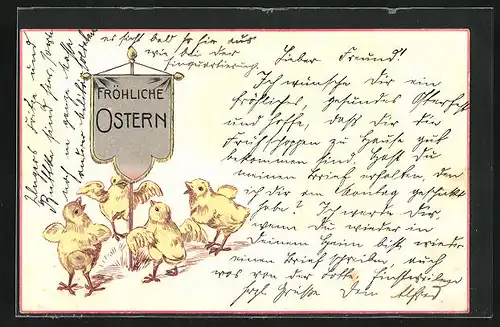 Präge-Lithographie Osterküken tanzen um ein Banner Fröhliche Ostern