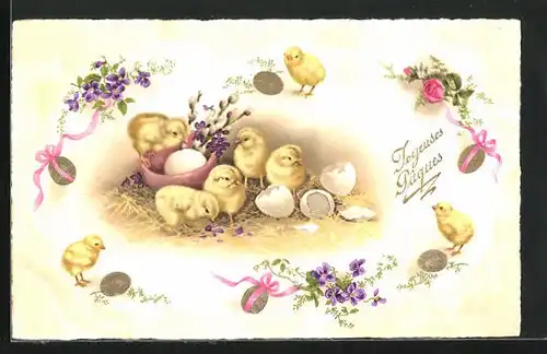 Präge-AK Osterküken und goldene Eier