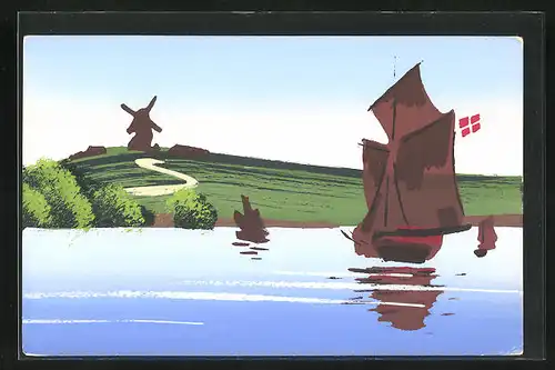 Künstler-AK Handgemalt: Seeidylle mit Ruderboot und Windmühle