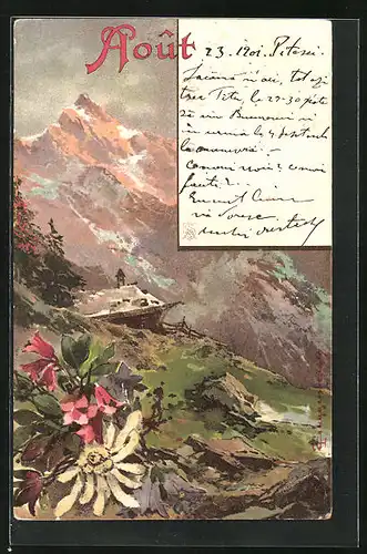 Künstler-AK Theodor Guggenberger: Août, Berglandschaft mit Alpenblumen