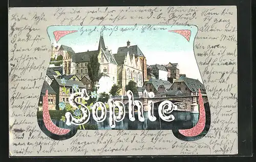 Passepartout-AK Namenstag Sophie, Stadtansicht