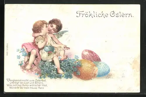 AK Osterengel küsst ein Kind auf die Wange, Ostereier und Blumen mit Glitzer