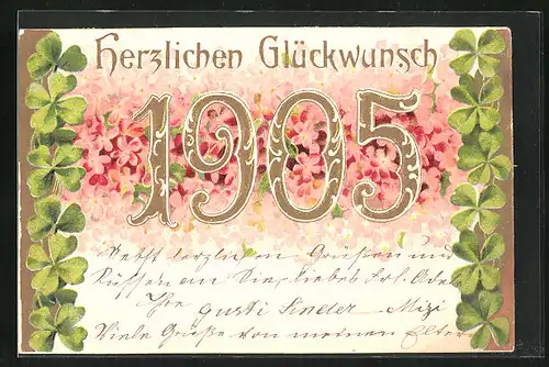 Präge-AK Herzlichen Glückwunsch mit Jahreszahl 1905 und Kleeblättern