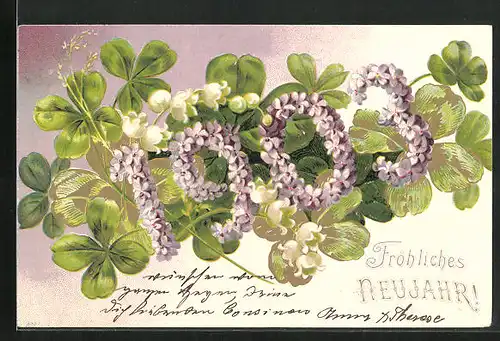 Präge-AK Jahreszahl 1903 in Blüten umringt von Kleeblättern, Fröhliches Neujahr