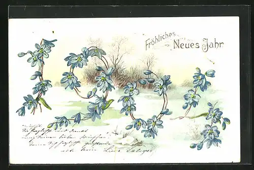 Präge-AK Jahreszahl 1904 in blauen Blüten vor einem Landschaftsbild, Fröhliches Neues Jahr