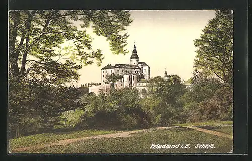 AK Friedland / Frydlant, Blick auf Schloss aus Wald heraus