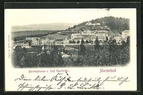 AK Marienbad, Bahnhofstrasse und Cafe Egerländer