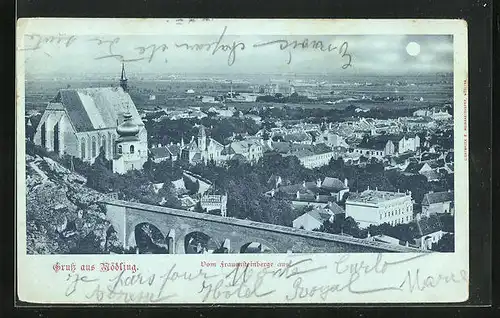 Mondschein-AK Mödling, Teilansicht vom Frauensteinberge aus