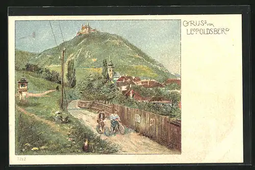 Lithographie Wien-Leopoldsberg, Fahrradfahrer mit Burg im Hintergrund