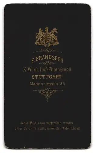 Fotografie F. Brandseph, Stuttgart, Marienstrasse 36, Portrait kleiner Junge in hübscher Kleidung