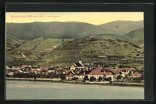 AK Wösendorf /Wachau, Totalansicht mit Gebirge