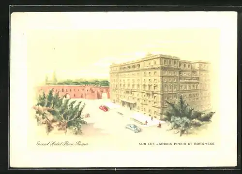 Künstler-AK Roma, Grand Hotel Flora, sur les Jardins Pincio et Borghese