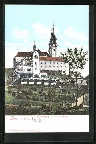 AK Linz /Donau, Kirche und Hotel auf dem Pöstlingberg