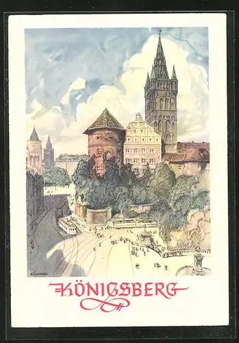 Künstler-AK Königsberg, Strassenpartie am Schloss
