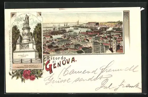 Lithographie Genova, Panorama, Monumento a Cristoforo Colombo