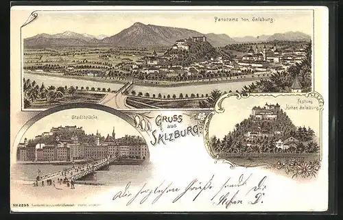 Künstler-AK Salzburg, Panorama, Festung Hohen-Salzburg, Stadtbrücke