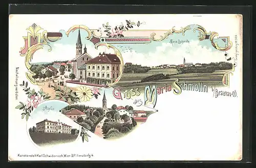 Lithographie Maria Schmolln b. Braunau, Kirche, Asyl, Ortspartie