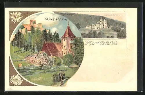 Lithographie Semmering, Ruine Klamm, Maria Schutz