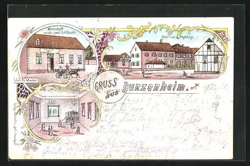 Lithographie Dunzenheim, Gasthaus z. den zwei Schlüsseln, Schulhaus