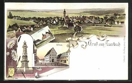 Lithographie Auerbach, Rathaus, Neumühle, Krieger-Denkmal