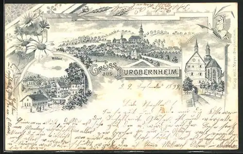 Lithographie Burgbernheim, Wildbad, Totalansicht, Strassenpartie mit Kirche