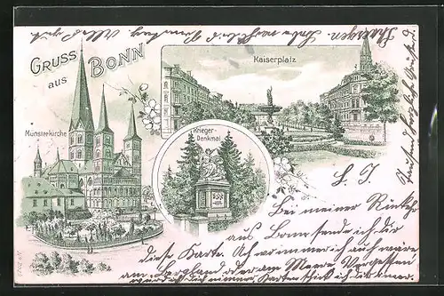 Lithographie Bonn, Kaiserplatz, Münsterkirche, Kriegerdenkmal