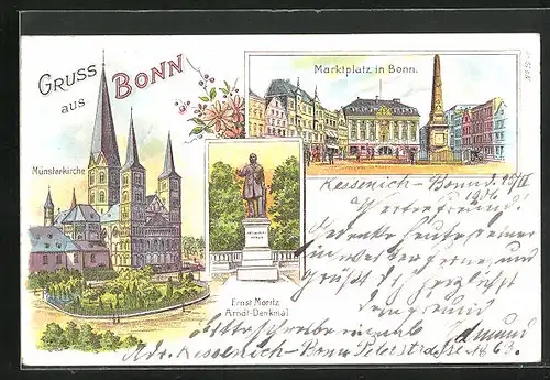 Lithographie Bonn, Marktplatz, Ernst Moritz Arndt-Denkmal, Münsterkirche