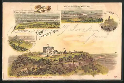 Vorläufer-Lithographie Petersberg /Rhein, 1894, Ausblick vom Berg auf Köln, Ruine Godesberg