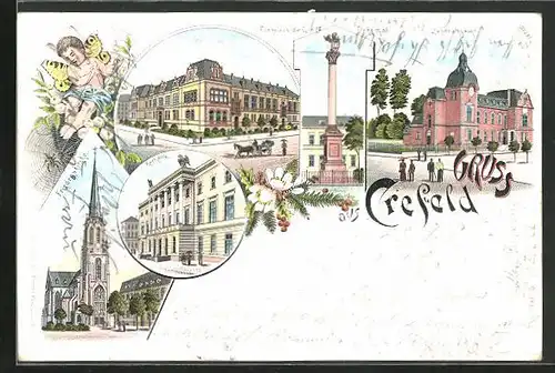 Lithographie Crefeld, Landratsamt, Webschule, Rathaus