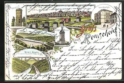 Lithographie Remscheid, Gewerbeschule, Brücke b. Müngsten, Thalsperre