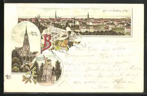 Vorläufer-Lithographie Bonn, 1895, Evang. Kirche, Krieger Denkmal, Totalansicht
