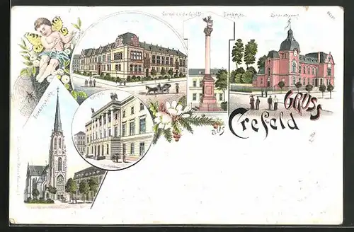 Vorläufer-Lithographie Crefeld, 1895, Landratsamt, Webschule, Rathaus