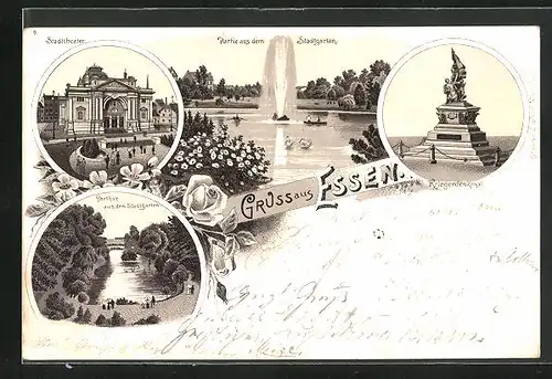 Lithographie Essen, Stadttheater, Stadtgarten, Kriegerdenkmal